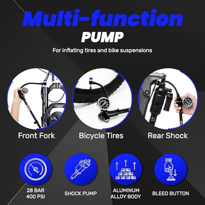 High Pressure Shock Pump: Bike Shock Air Pump with Gauge 400 PSI for Fork and Rear Bicycle Suspension,Mini Mountain Bicycle Pump Fits Schrader Valve