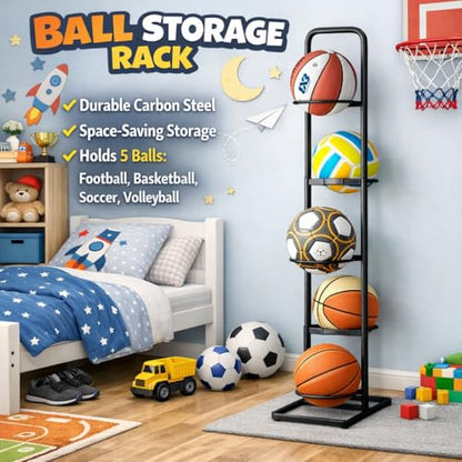 Vertical Ball Storage Rack - Adjustable 5-Tier Sports Organizer Stand for Basketball, Soccer, Volleyball and More（56.7inches） - style: 5-tier without Basket