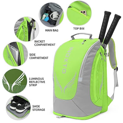 INOXTO 40L Tennis Backpack for Men & Women, Large Pickleball Bag With Independent Shoe Storage, Waterproof & Breathable, Holds 2 Tennis Rackets for Badminton, Travel & Camping - color: Light green