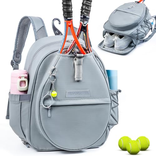 Tennis Backpack with 2 Rackets Holder, Water-Resistant PU Leather Tennis Racket Bag for Women & Men, Sling Crossbody Sports Backpack for Tennis, Pickleball & Badminton, Tennis Gifts - color: Grey, size: Large with Shoe Compartment