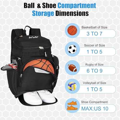 WOLT Basketball Backpack, Basketball Bag for Men with Shoes Compartment, Sports Backpack for Baseball, Soccer, Football