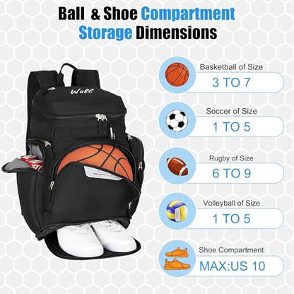 WOLT Basketball Backpack, Basketball Bag for Men with Shoes Compartment, Sports Backpack for Baseball, Soccer, Football