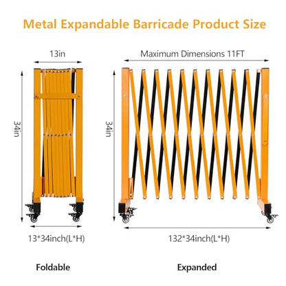 11FT Industrial Expandable Barricade Folding Security Gate with Wheels,Retractable Driveway Gate with Aluminum Fence(Yellow, 11FT) - color: Yellow, size: 11FT