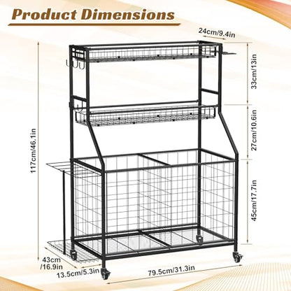 Outdoor Storage Sports Equipment Organizer, 3-Tier Heavy Duty Rolling Cart with Lockable Wheels, Removable Mesh Baskets & Bottom Bin for Balls, Bats, and Gear A