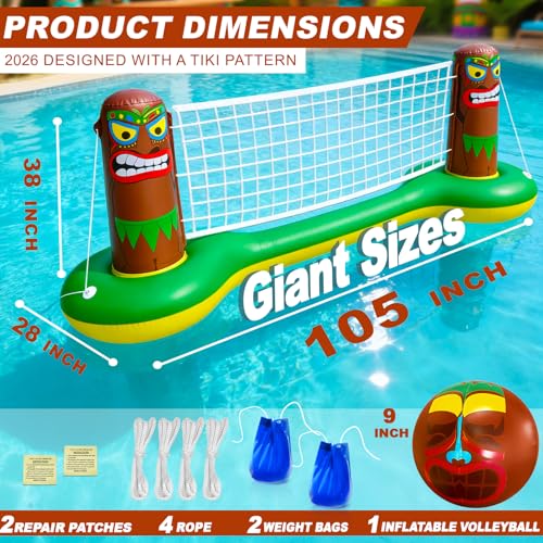 TURNMEON Inflatable Luau Tiki Pool Volleyball Net Game, Large 105"x28"x35" Floating Water Toy Set with Beach Ball for Adults Indoor Outdoor Tropical Hawaiian Summer Party Supplies