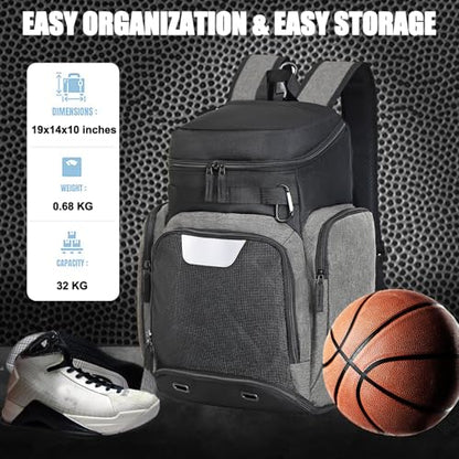 LARIPOP Basketball Backpack with Ball & Ventilated Shoe Compartment Insulated Pockets for Men Youth Training - color: Light grey