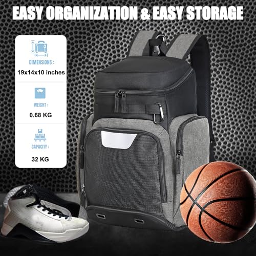 LARIPOP Basketball Backpack with Ball & Ventilated Shoe Compartment Insulated Pockets for Men Youth Training - color: Light grey