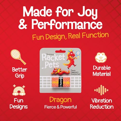 Racket Pets Kids Tennis Racket Dampener & Matching Overgrip Tape, Performance Shock Absorbing Dampener for Tennis Racket & Fun Animal Print Tennis Wrap Grip Tape - style: Dragon