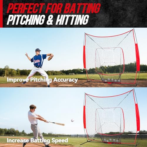 7' x 7' Baseball Net Set with Travel Tee, 3 Weighted Balls & Strike Zone for Hitting, Pitching, Batting & Fielding Training | Collapsible Portable Training Net for Indoor & Outdoor