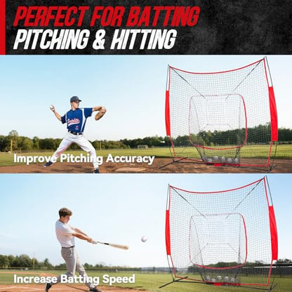 7' x 7' Baseball Net Set with Travel Tee, 3 Weighted Balls & Strike Zone for Hitting, Pitching, Batting & Fielding Training | Collapsible Portable Training Net for Indoor & Outdoor