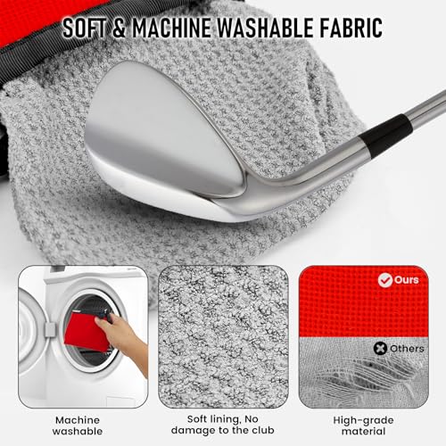 Golf Club and Golf Ball Cleaning Bag - Cleans Club Grooves, Waterproof Clean Face Tech, Detachable Clip, Machine Washable, Stay-Dry Exterior,Gift for Men (1, RED) - color: Red
