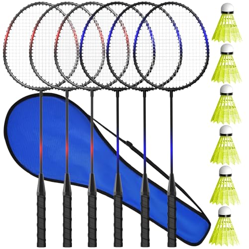 KH Badminton Rackets Set of 2 4 6 for Adults Kids,Beach Lawn Backyard Game Outdoor Sports,Racquets,Shuttlecocks & Carry Bag Included - color: Black, Red, Blue (6 Player)
