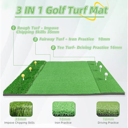 Golf Hitting Mat Indoor Outdoor, 5 * 4ft Thickened Golf Practice Mat with 3 Turfs for Backyard Swing,Driving Chipping Training