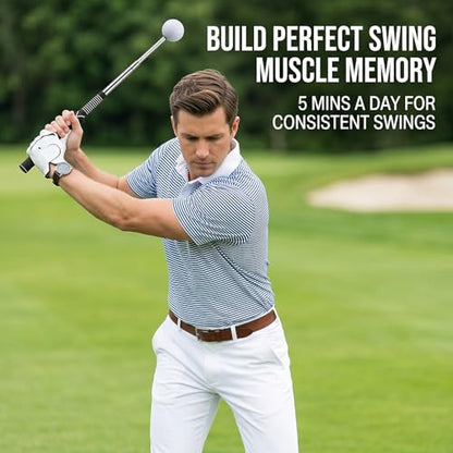 Retractable Golf Swing Trainer and Grip Trainer, Warm Up Swing Aid with Flexible Head, Includes Arm Band, Grip Correction & Swing Click Feedback, Gifts for Beginners and Advanced Golfers