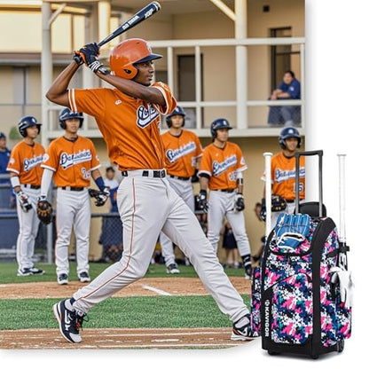 KAVIGOR Rolling Baseball Bag with Wheels, 60L Capacity Softball Bag Holds 4 Bats for Boys and Girls, Youth Equipment Bag with Shoe Compartment - color: Pink Camo