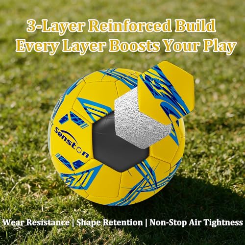 Senston Soccer Ball Size 5 with Pump and Needle, 3-Layer Construction (Butyl Bladder + Nylon Winding + PVC Cover), Stable Flight, Durable & Easy to Clean, Suitable for Teens & Adults