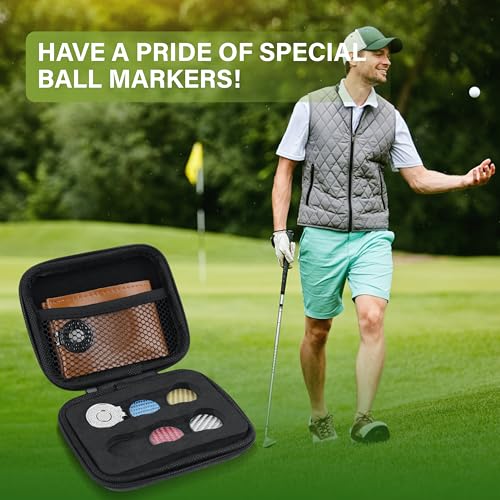 SANDIAN [Full Set], Golf Ball Markers Carbon Fiber T800 Full Set with Genuine Brown Leather Belt Clip Tee Holder Pouch, Magnetic Hat Clips, Storage Case [Brown Leather]