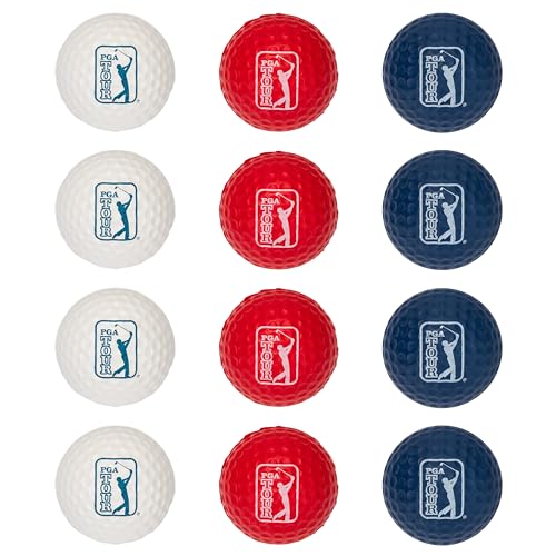 Franklin Sports PGA TOUR Indoor + Outdoor Foam Golf Balls - Kids + Adults Foam Golf Balls - Limited Flight - Includes Draw String Carry Bag - 12 Pack - Red, White + Blue