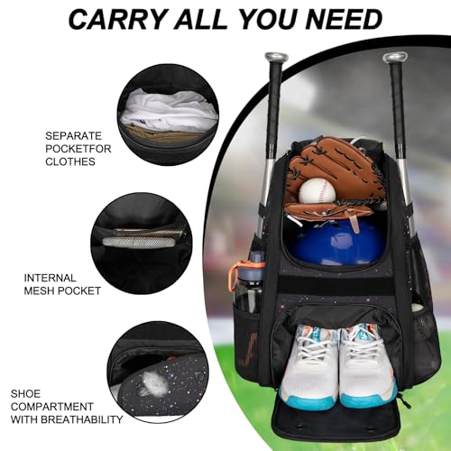Goloni Youth Baseball Bag,Baseball Backpack with Shoes Compartment,Softball Bag with Fence Hook for T-Ball Bat & Equipment - color: Starry Sky Black