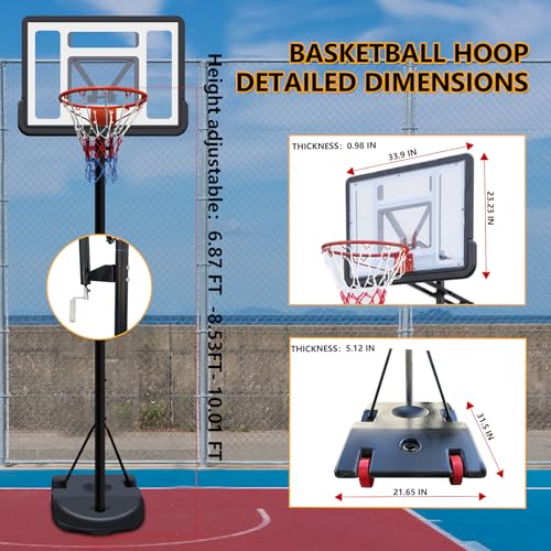 Portable Basketball Hoop, 7-10ft Height Adjustable Basketball Goal System for Youth Adults, Shatterproof Backboard & Crank Handle, Outdoor Basketball Hoop for Driveway