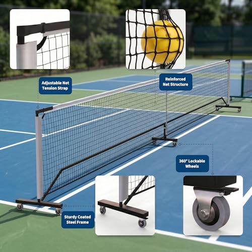 Portable Pickleball Net with Wheels, 22FT Regulation Size Pickle Ball Net, Heavy Duty PE Net with Carry Bag, Easy Setup for Driveway Backyard Outdoor Court