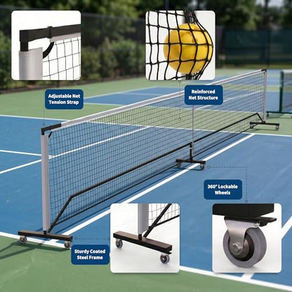 Portable Pickleball Net with Wheels, 22FT Regulation Size Pickle Ball Net, Heavy Duty PE Net with Carry Bag, Easy Setup for Driveway Backyard Outdoor Court