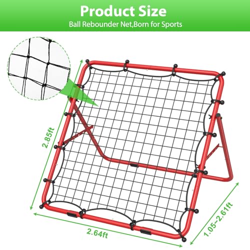 Baseball Rebounder Net, Metal Frame & High-Tension PE Net, Lacrosse Bounce Back PracticeTraining Equipment, Adjustable Softball Pitchback Net, Perfect for Improving Balls Training Skills - color: Red