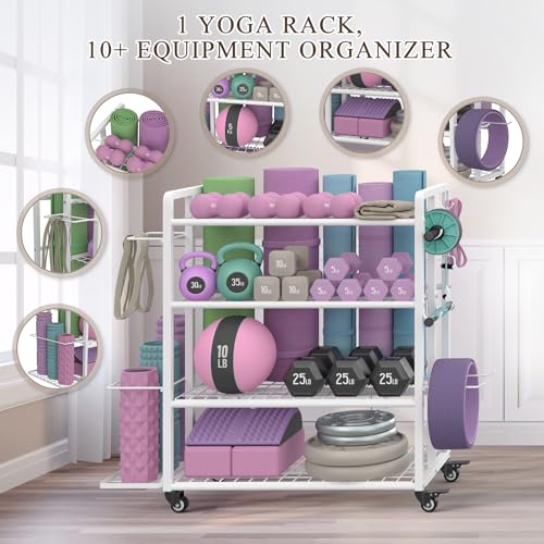 4-Tier Dumbbell Rack Stand Only, Adjustable Weight Rack for Dumbbells Kettlebells Yoga Mat, Home Gym Storage Rack with Wheels and Hooks, Powder Coated Finish - size: Large White