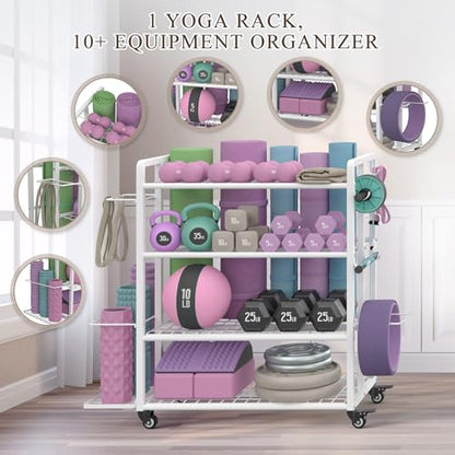 4-Tier Dumbbell Rack Stand Only, Adjustable Weight Rack for Dumbbells Kettlebells Yoga Mat, Home Gym Storage Rack with Wheels and Hooks, Powder Coated Finish - size: Large White