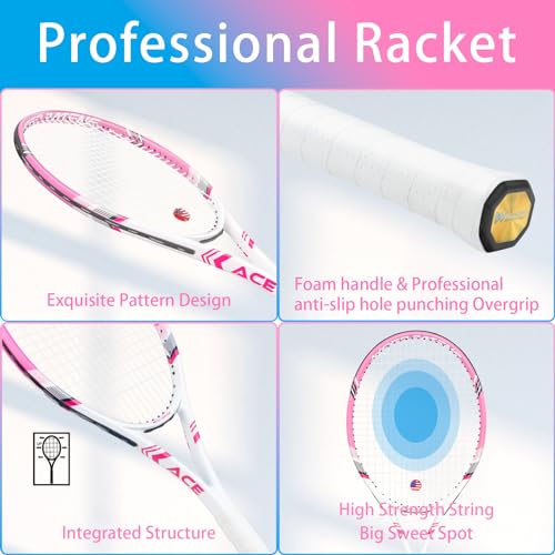 Pro Tennis Racket for Adults, 2 Player 27 inch Speed Tennis Racquet Acceptable for Beginner and Professional with 3 Tennis Balls, 2 Vibration Dampes, 2 Overgrips, Tennis Bag - color: Pink-Blue