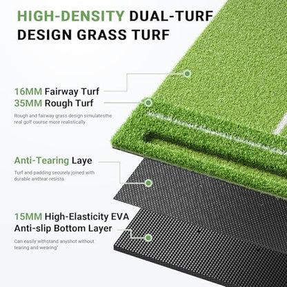 Dual-Turf Golf Hitting Mat 4x6ft, 31mm Thickened Mat with 10 Balls, 2 Rubber Tees & 7 Tees, Heavy-Duty Golf Mats Practice Indoor/Outdoor Use, Garage Backyard, Golf Simulator Training - size: 6 x 4 ft -31 mm