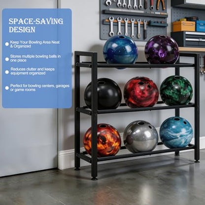 Bowling Ball Rack, Heavy Duty Bowling Ball Stand, Metal Storage Organizer Holds 9 Balls for Home, Garage, Game Room or League Equipment