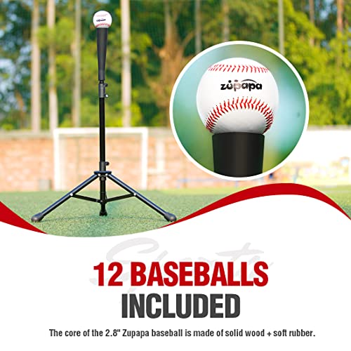Zupapa Baseball Softball Practice Combo - 7 X 7 Feet Net Tee Caddy 12 Pack Baseballs Set, Upgraded Vivid Strike Zone, Baseball Backstop Practice Net for Hitting Pitching Batting Catching - color: Red
