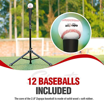 Zupapa Baseball Softball Practice Combo - 7 X 7 Feet Net Tee Caddy 12 Pack Baseballs Set, Upgraded Vivid Strike Zone, Baseball Backstop Practice Net for Hitting Pitching Batting Catching - color: Red