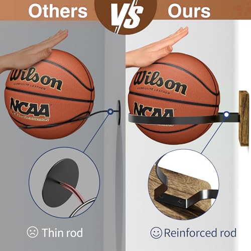 Basketball Holder Wall Mount with Wooden Base, 2 Pcs Ball Storage Holder for Football Basketball Soccer Rugby Display Rack - Boys Sports Accessories Organizer