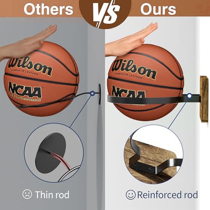Basketball Holder Wall Mount with Wooden Base, 2 Pcs Ball Storage Holder for Football Basketball Soccer Rugby Display Rack - Boys Sports Accessories Organizer