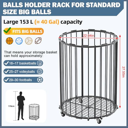 Hencawima Garage Ball Storage: Round Sports Equipment Organizer with Wheels, Sports Ball Rack With Elastic Rope, Ball Holder for Basketball, Soccer, Volleyball, Football, Garage, Gym, Outdoor (Black)