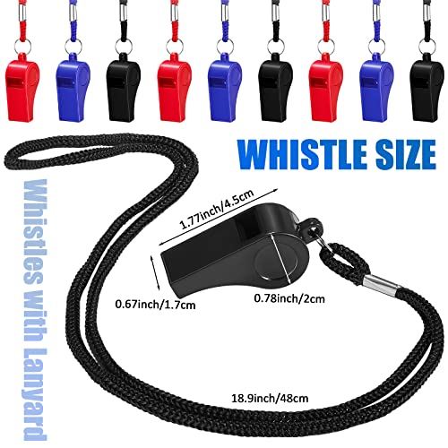 Flutesan 48 Pcs Whistles Bulk with Lanyard Sports Loud Crisp Sound Whistles for Coach Referees Training Emergency - color: Red, Blue, Black