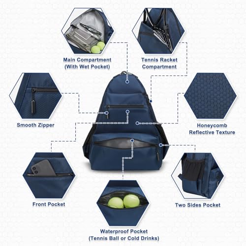 Tennis Backpack for Rackets, Waterproof Tennis Bag with Shoe Compartment, Wet/Dry Pocket, Fence Hook, for Tennis, Pickleball, Badminton