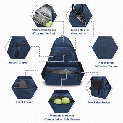 Tennis Backpack for Rackets, Waterproof Tennis Bag with Shoe Compartment, Wet/Dry Pocket, Fence Hook, for Tennis, Pickleball, Badminton
