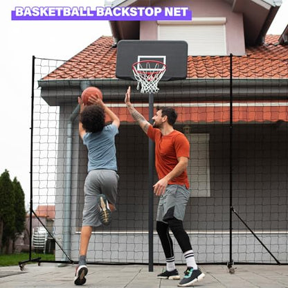 Backstop Net System for Backyard – Heavy Duty Sports Barrier Net with Steel Posts, Movable/Socketed Ball Stop Net for Soccer, Baseball, Training - size: 30FT Wide, style: Movable-4 Inch Net