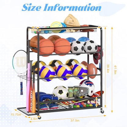 Basketball Hoop,Wheeled Sports Ball Storage Rack,Double-Row Basketball Hoop Holds 16+ Balls,Ball Storage Rack with Baseball Bat Holder and Hooks,Stores Basketballs,Soccer Balls,Footballs,etc.-Black
