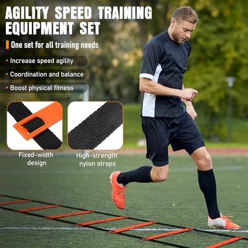 MUROZA Agility Ladder & Soccer Goal Training Set, 20ft Speed Ladder with Cones, Hurdles, Jump Rope & Parachute, Plus 2 Pack Pop Up Kids Soccer Goals with Ball & Cones for Backyard Sports Practice