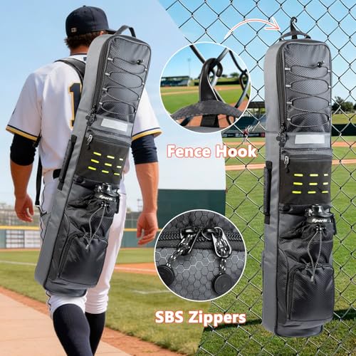 Rolling Baseball Bat Bag with Wheels, Large Capacity Gear Bag Holds 4 Bats, Reinforced Hard Base & Structured Back Panel, Top & Bottom Grab Handles, Shoe & Helmet Compartments for Youth &Adult Players - color: Grey - Slim Style - No Wheels