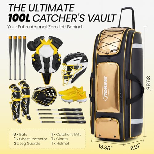 100L Rolling Catchers Gear Bag - Waterproof Baseball & Softball Duffle with 5 Fence Hooks, Locker-Style Organizer, Holds 8 Bats, Vented Shoe Zone - Icon Shield Edition