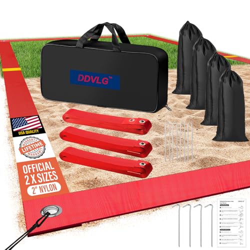 Professional Beach Volleyball Lines for Sand, 2" Nylon | Ultra-Visible Marking | Weather-Enduring, with Metal Anchors & Sandbags, Standard Sizes - 26.3' x 52.6' or 30' x 60' - color: Red, size: 30 X 60 FT- Beach|Grass
