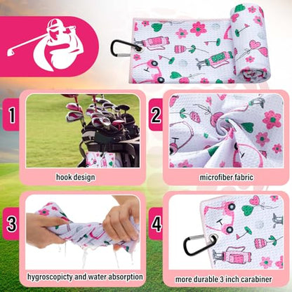 Liliful Woman Golf Accessories Kit Include 19.69 x 15.75 Inches Microfiber Waffle Golf Towel and Club Groove Cleaner Brush for Woman Gifts - color: Mainly Pink and Green