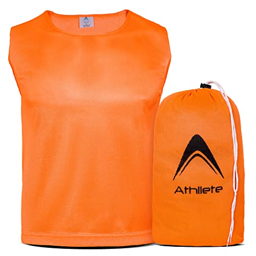 Athllete 12 pcs Duramesh Pinnies/Scrimmage Vest - Kids Youth and Adult Pinnies, Numbered Penny Jerseys for Soccer - color: Flame Orange (Set of 12), size: Large