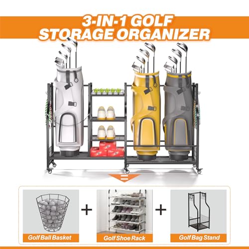 Ultrawall Golf Bag Storage Rack Organizer, Golf Bag Holder Stand for Garage, Golf Equipment Rack - size: 57.75in-Holds 3 Golf Bags