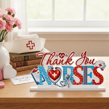 Smile Nurse Month Wooden Tabletop Decor Thank You Nurses Plaque with Stands Indoor Home Office Decor Nurse Appreciation Gift - style: Letter Nurse